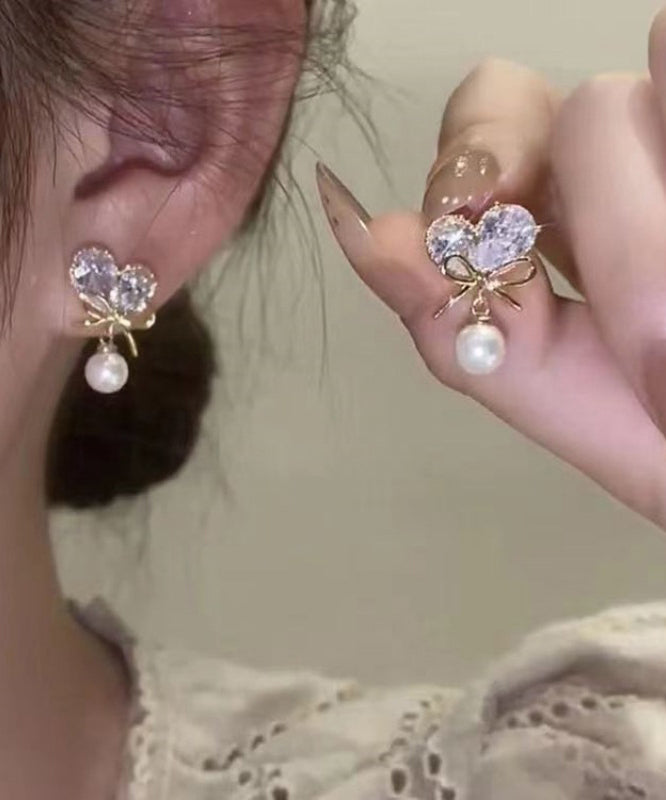 Style White Copper Alloy Zircon Pearl Love Bow Tassel Drop Earrings