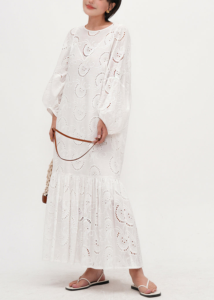 Style White Embroidered Hollow Out Cotton Maxi Dresses Summer