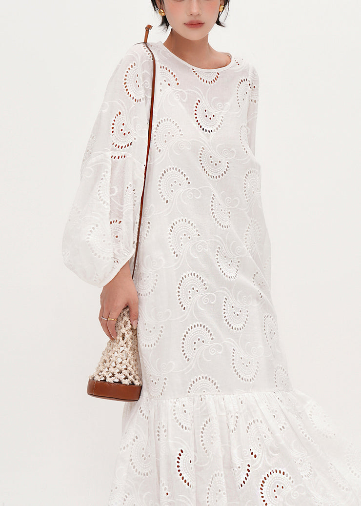 Style White Embroidered Hollow Out Cotton Maxi Dresses Summer