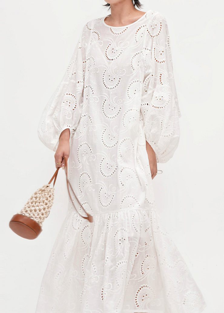Style White Embroidered Hollow Out Cotton Maxi Dresses Summer