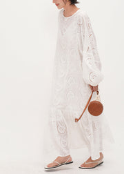 Style White Embroidered Hollow Out Cotton Maxi Dresses Summer