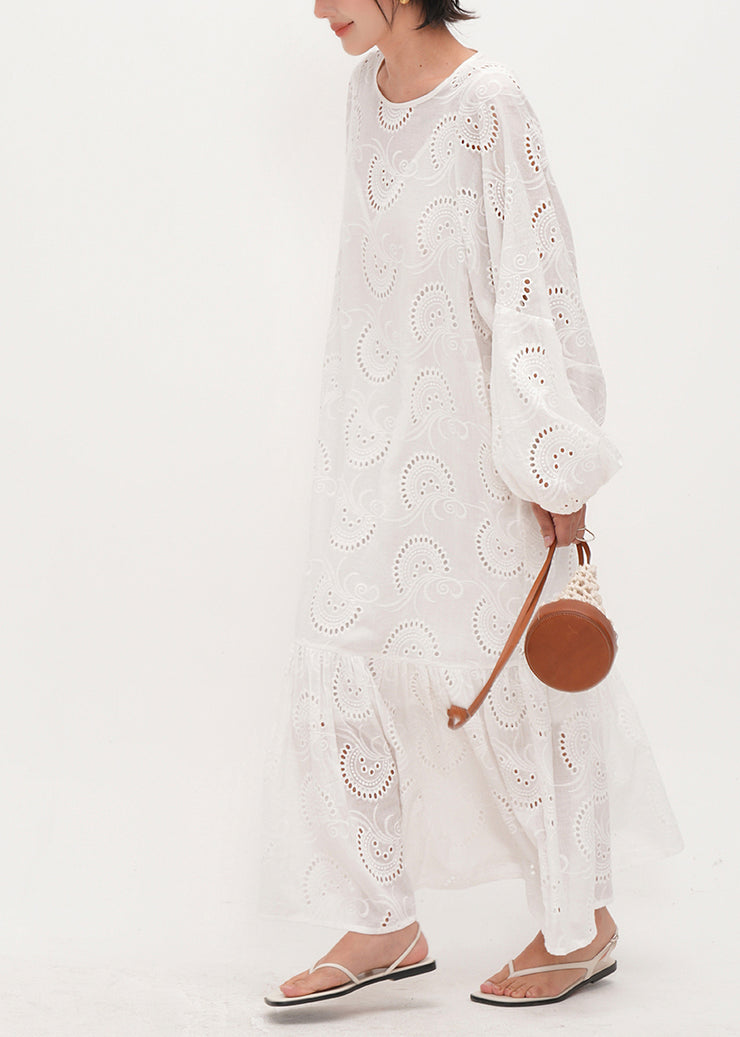 Style White Embroidered Hollow Out Cotton Maxi Dresses Summer