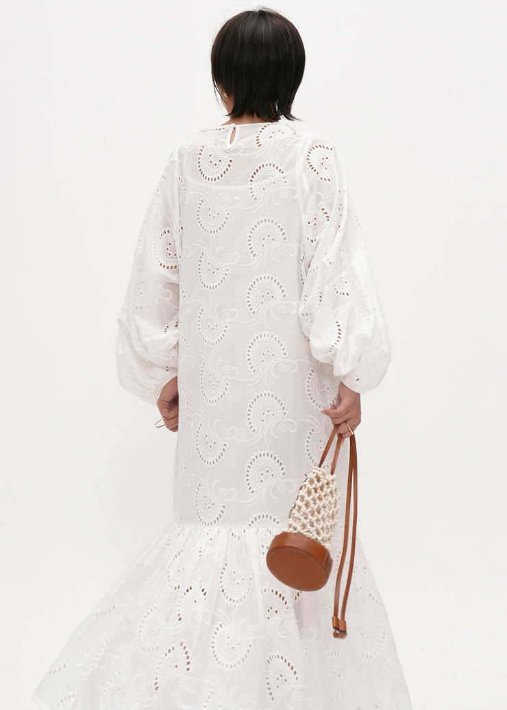 Style White Embroidered Hollow Out Cotton Maxi Dresses Summer