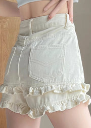 Style White High Waist Ruffled Denim Hot Shorts Summer