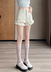 Style White High Waist Ruffled Denim Hot Shorts Summer