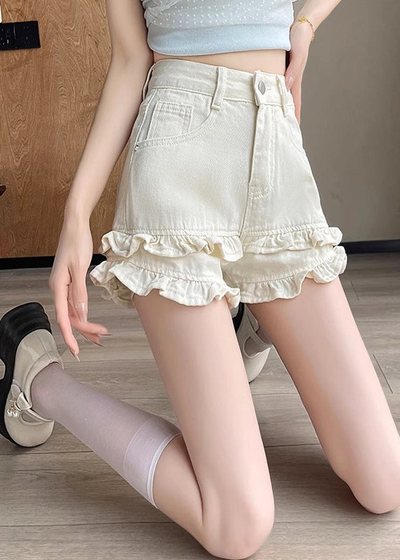 Style White High Waist Ruffled Denim Hot Shorts Summer