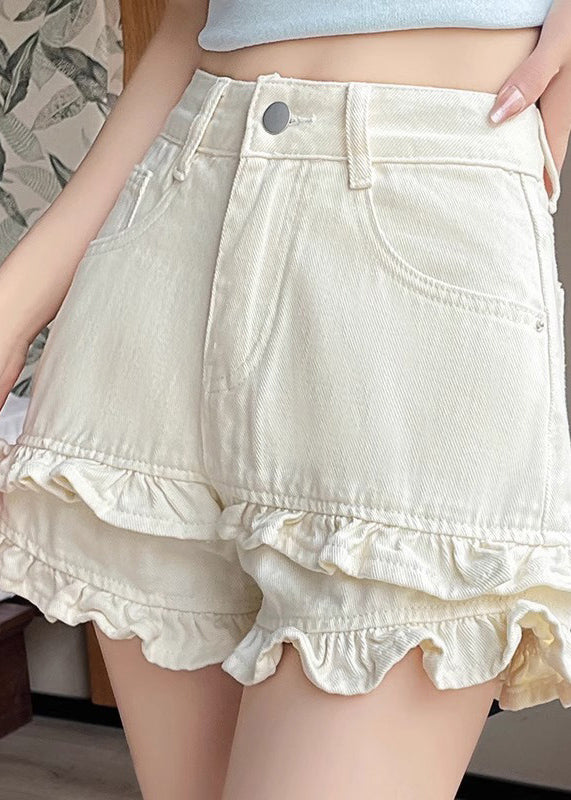 Style White High Waist Ruffled Denim Hot Shorts Summer