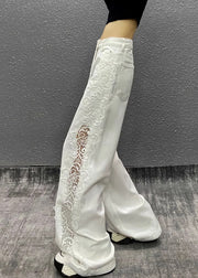 Style White Hollow Out Lace Patchwork Denim Straight Pants Fall