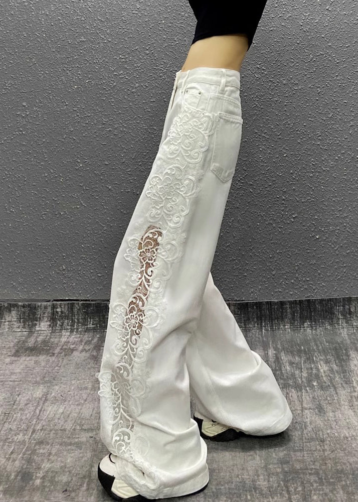 Style White Hollow Out Lace Patchwork Denim Straight Pants Fall