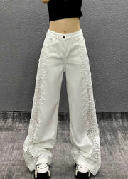 Style White Hollow Out Lace Patchwork Denim Straight Pants Fall
