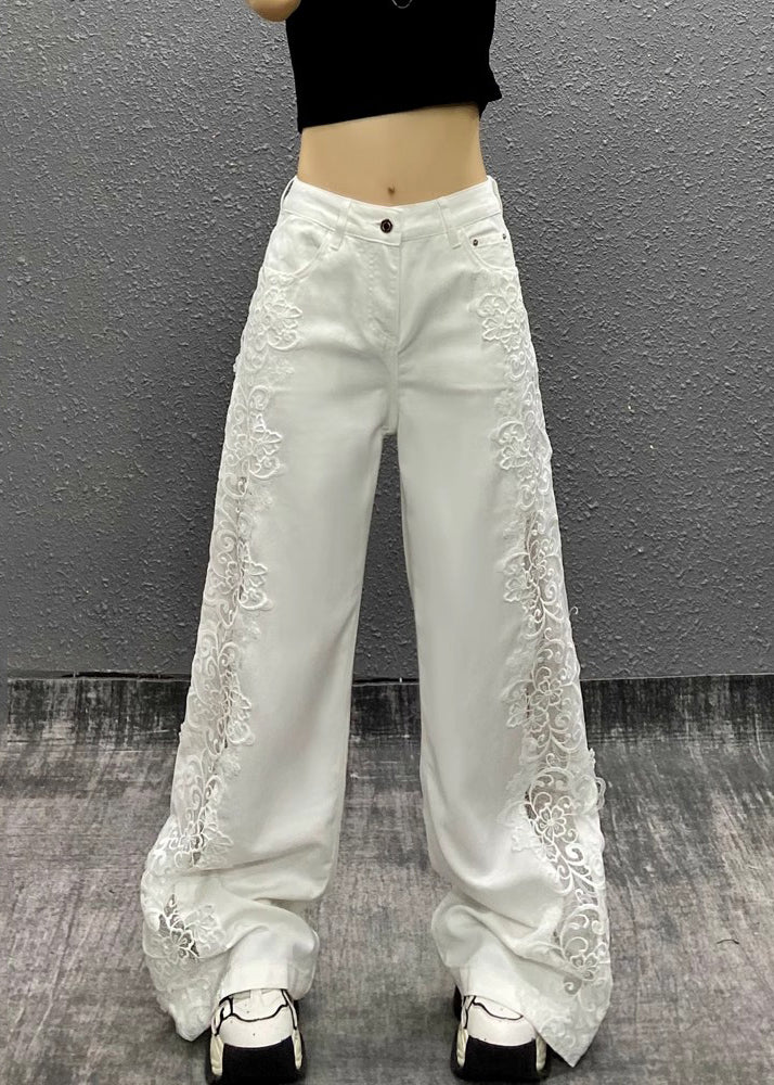Style White Hollow Out Lace Patchwork Denim Straight Pants Fall