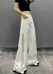 Style White Hollow Out Lace Patchwork Denim Straight Pants Fall