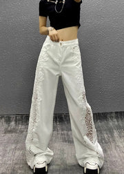 Style White Hollow Out Lace Patchwork Denim Straight Pants Fall