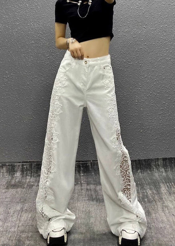 Style White Hollow Out Lace Patchwork Denim Straight Pants Fall
