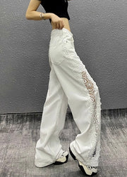 Style White Hollow Out Lace Patchwork Denim Straight Pants Fall