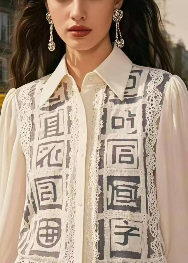 Style White Hollow Out Patchwork Lace Chiffon Shirts Spring