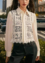 Style White Hollow Out Patchwork Lace Chiffon Shirts Spring
