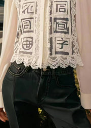 Style White Hollow Out Patchwork Lace Chiffon Shirts Spring