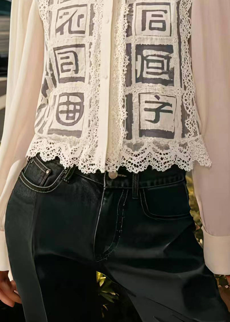 Style White Hollow Out Patchwork Lace Chiffon Shirts Spring