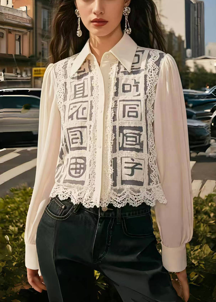 Style White Hollow Out Patchwork Lace Chiffon Shirts Spring