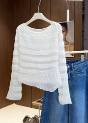 Style White O-Neck Asymmetrical Patchwork Knit Blouses Fall