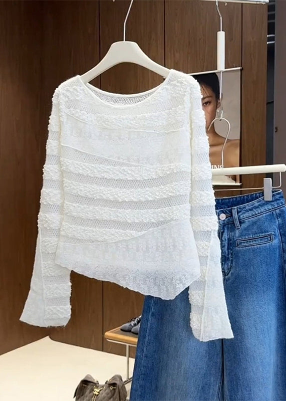 Style White O-Neck Asymmetrical Patchwork Knit Blouses Fall