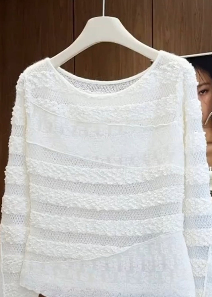 Style White O-Neck Asymmetrical Patchwork Knit Blouses Fall