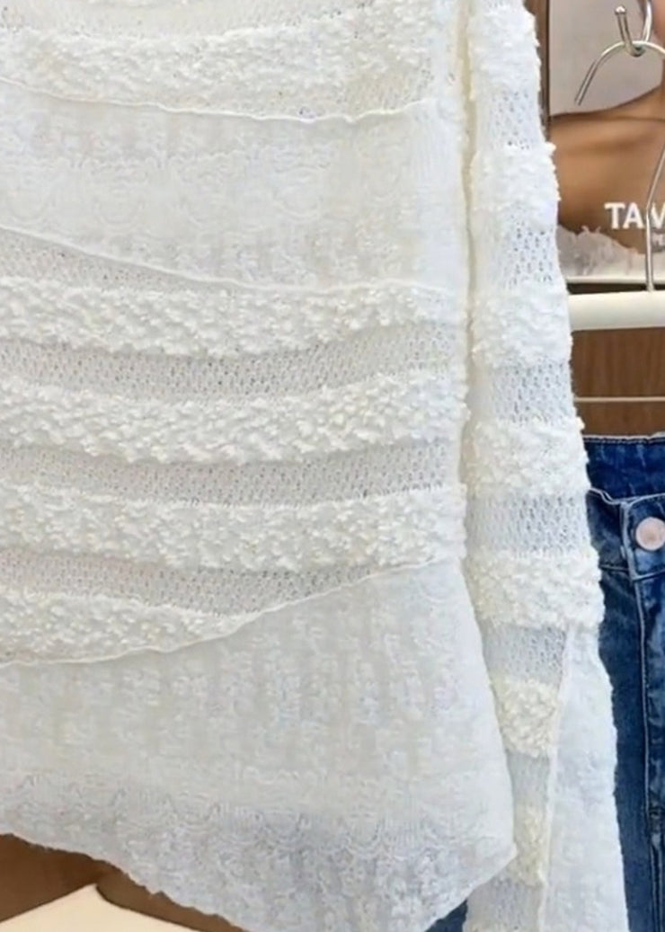 Style White O-Neck Asymmetrical Patchwork Knit Blouses Fall