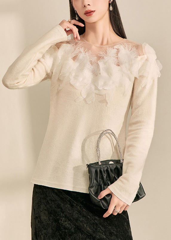 Style White O-Neck Feather Patchwork Shirt Fall