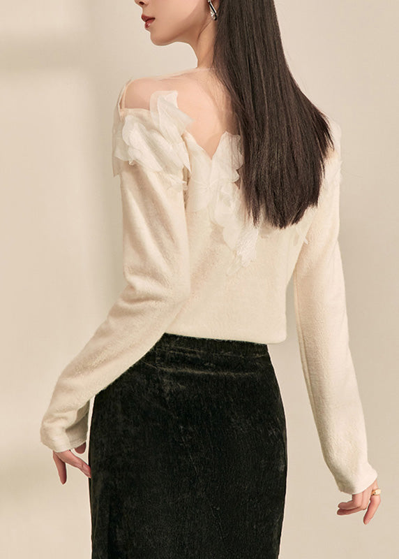 Style White O-Neck Feather Patchwork Shirt Fall