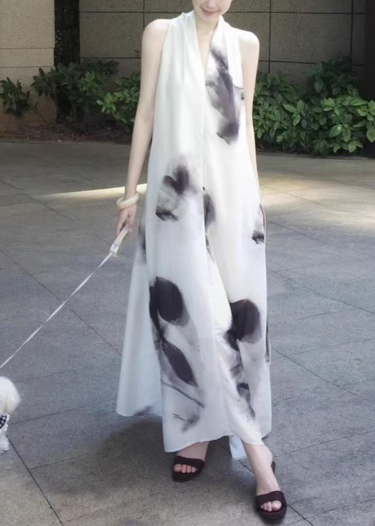 Style White Oversized Tie Dye Chiffon Halter Dress Sleeveless