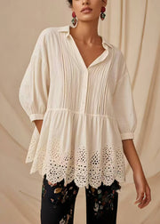 Style White Oversized Wrinkled Hollow Out Blouse Tops Half Sleeve