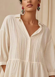 Style White Oversized Wrinkled Hollow Out Blouse Tops Half Sleeve