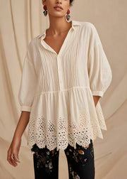 Style White Oversized Wrinkled Hollow Out Blouse Tops Half Sleeve