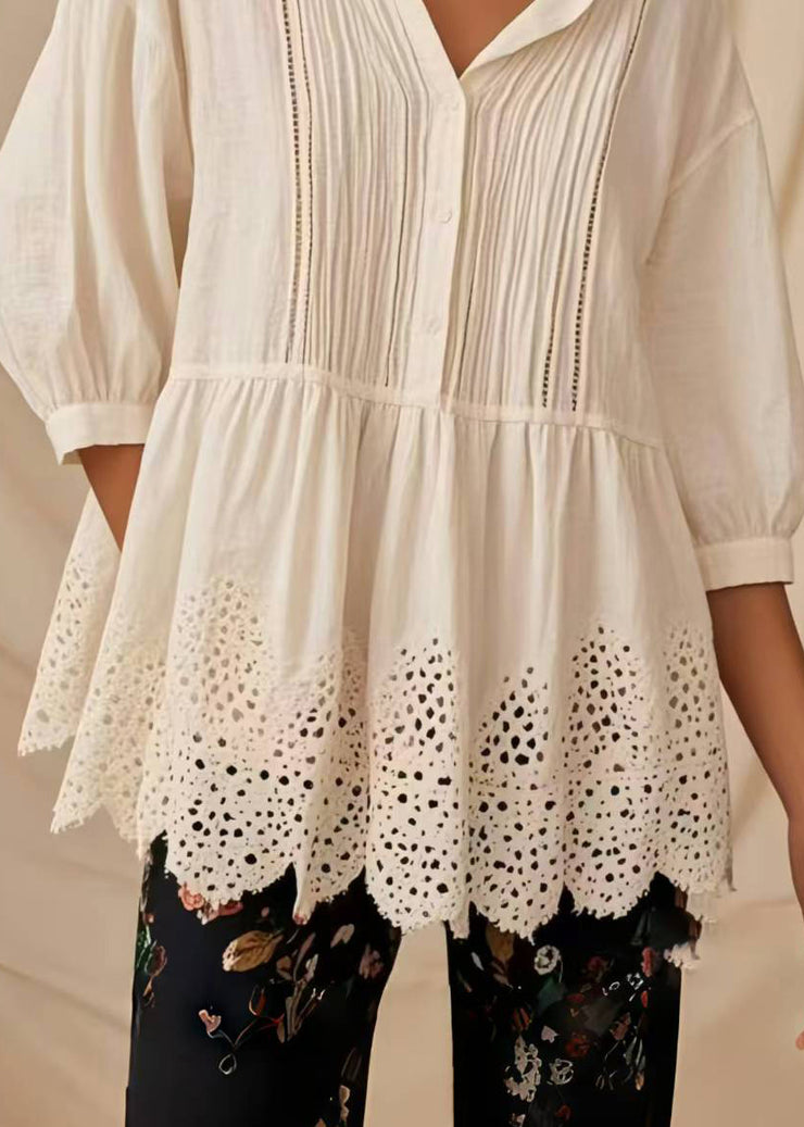 Style White Oversized Wrinkled Hollow Out Blouse Tops Half Sleeve