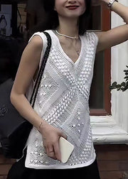 Style White V Neck Hollow Out Knit Tops Sleeveless