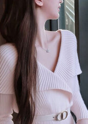 Style White V Neck Patchwork Knit Sweater Tops Fall