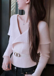 Style White V Neck Patchwork Knit Sweater Tops Fall