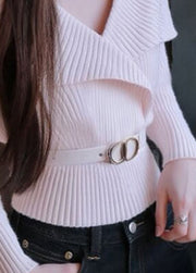 Style White V Neck Patchwork Knit Sweater Tops Fall