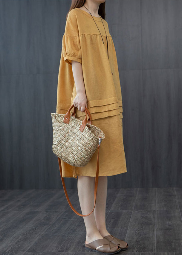 Style Yellow Oversized Patchwork Wrinkled Mid Dress Summer