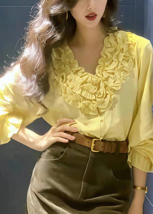 Style Yellow Ruffled Oversized Cotton Blouse Top Fall