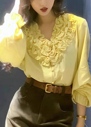 Style Yellow Ruffled Oversized Cotton Blouse Top Fall