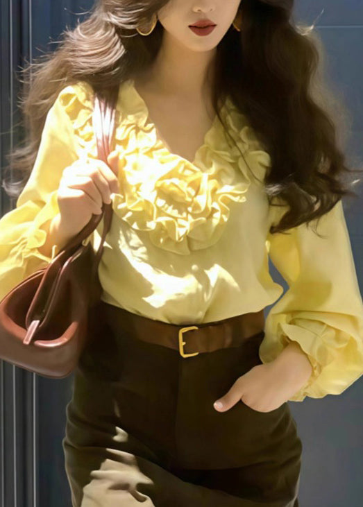 Style Yellow Ruffled Oversized Cotton Blouse Top Fall