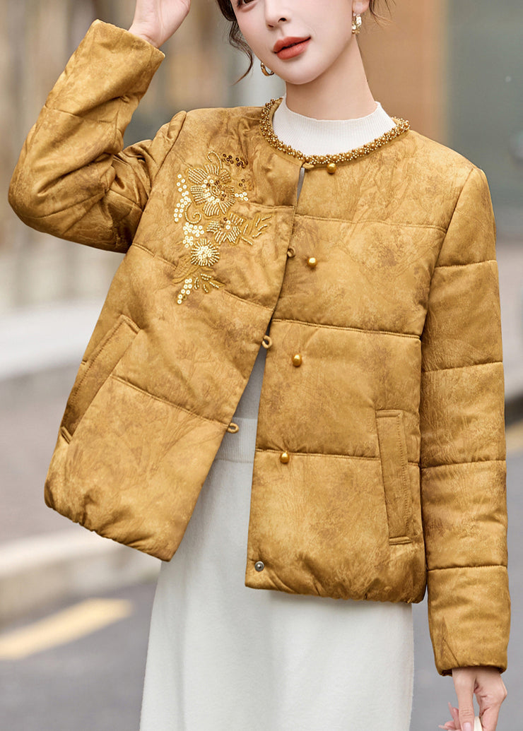 Style Yellow Sequins Embroidered Fine Cotton Filled Women Witner Coats