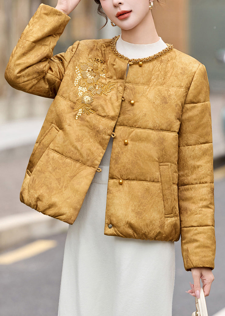 Style Yellow Sequins Embroidered Fine Cotton Filled Women Witner Coats