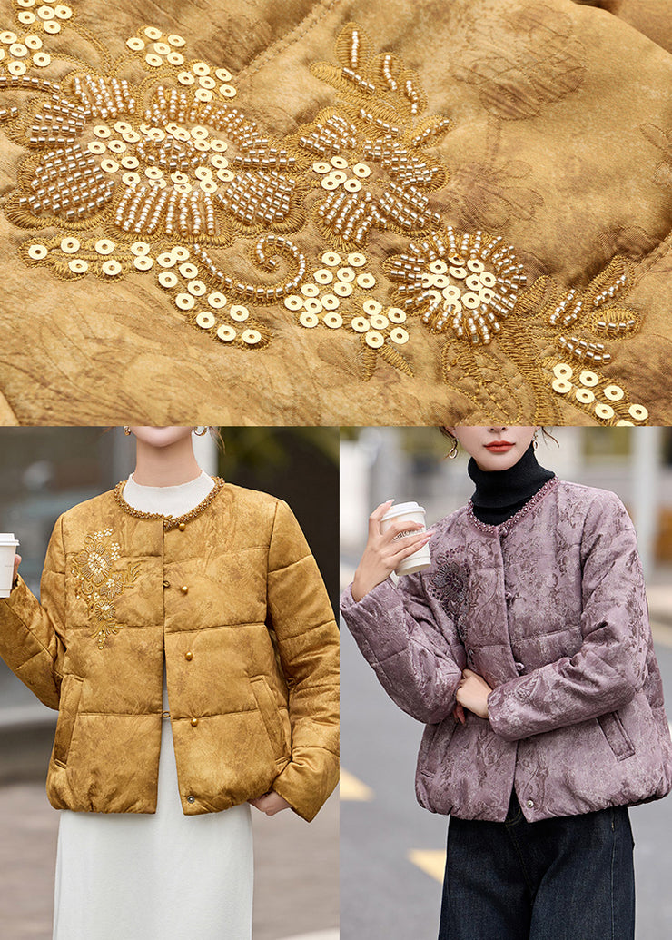 Style Yellow Sequins Embroidered Fine Cotton Filled Women Witner Coats