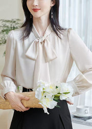 Stylish Apricot Bow Solid Silk Shirts Fall