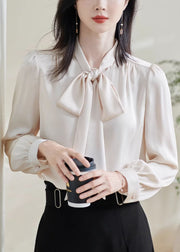 Stylish Apricot Bow Solid Silk Shirts Fall
