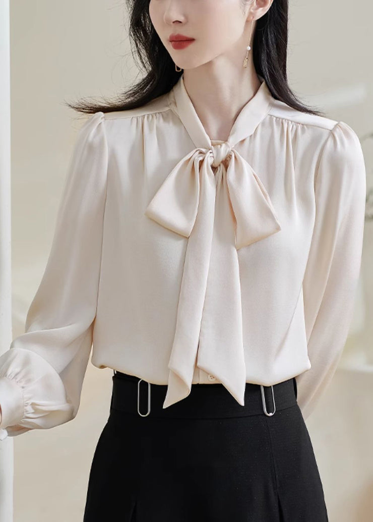 Stylish Apricot Bow Solid Silk Shirts Fall