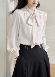Stylish Apricot Bow Solid Silk Shirts Fall